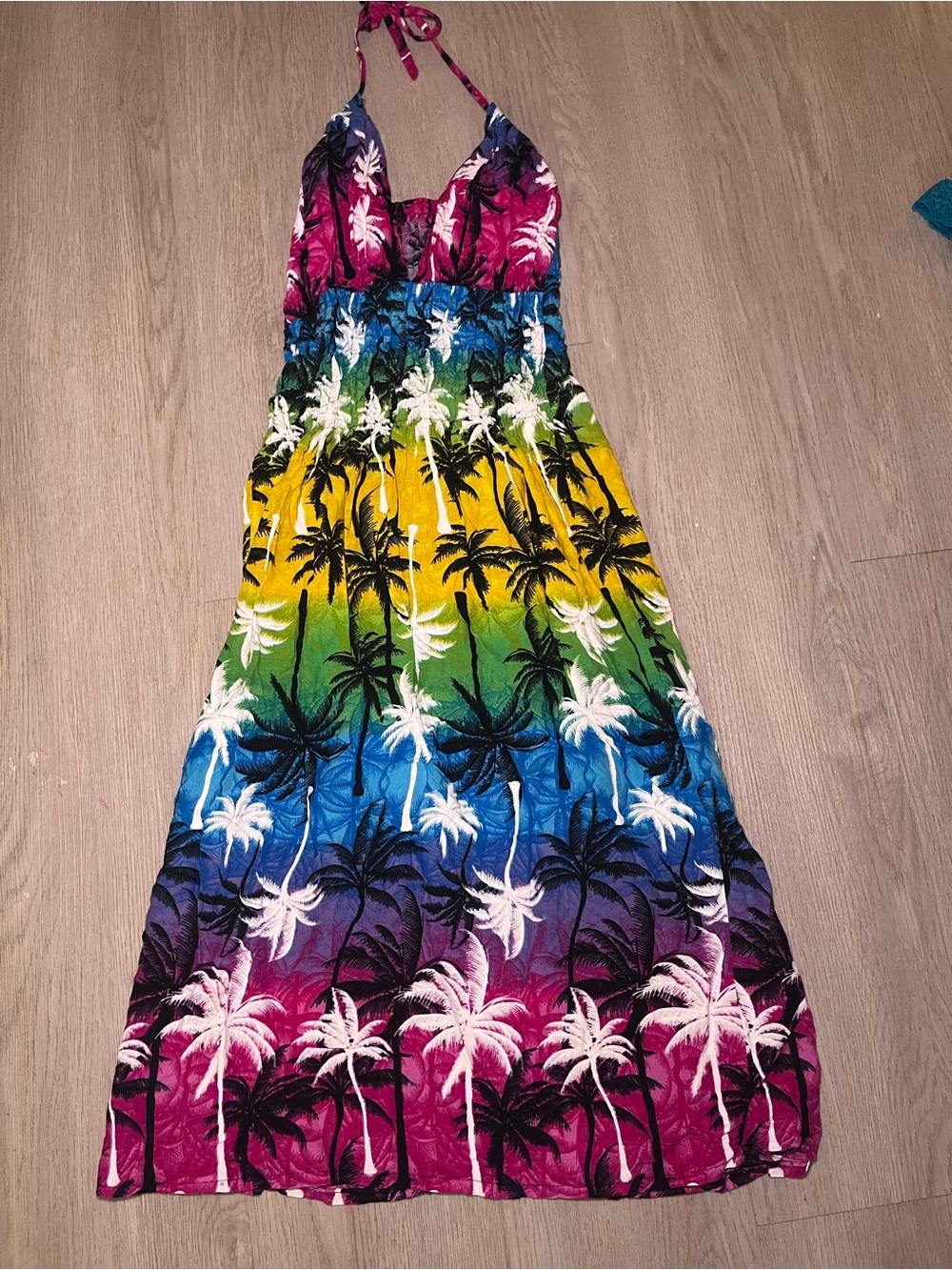 Tropical Gradient Palm Halter Maxi Dress Small